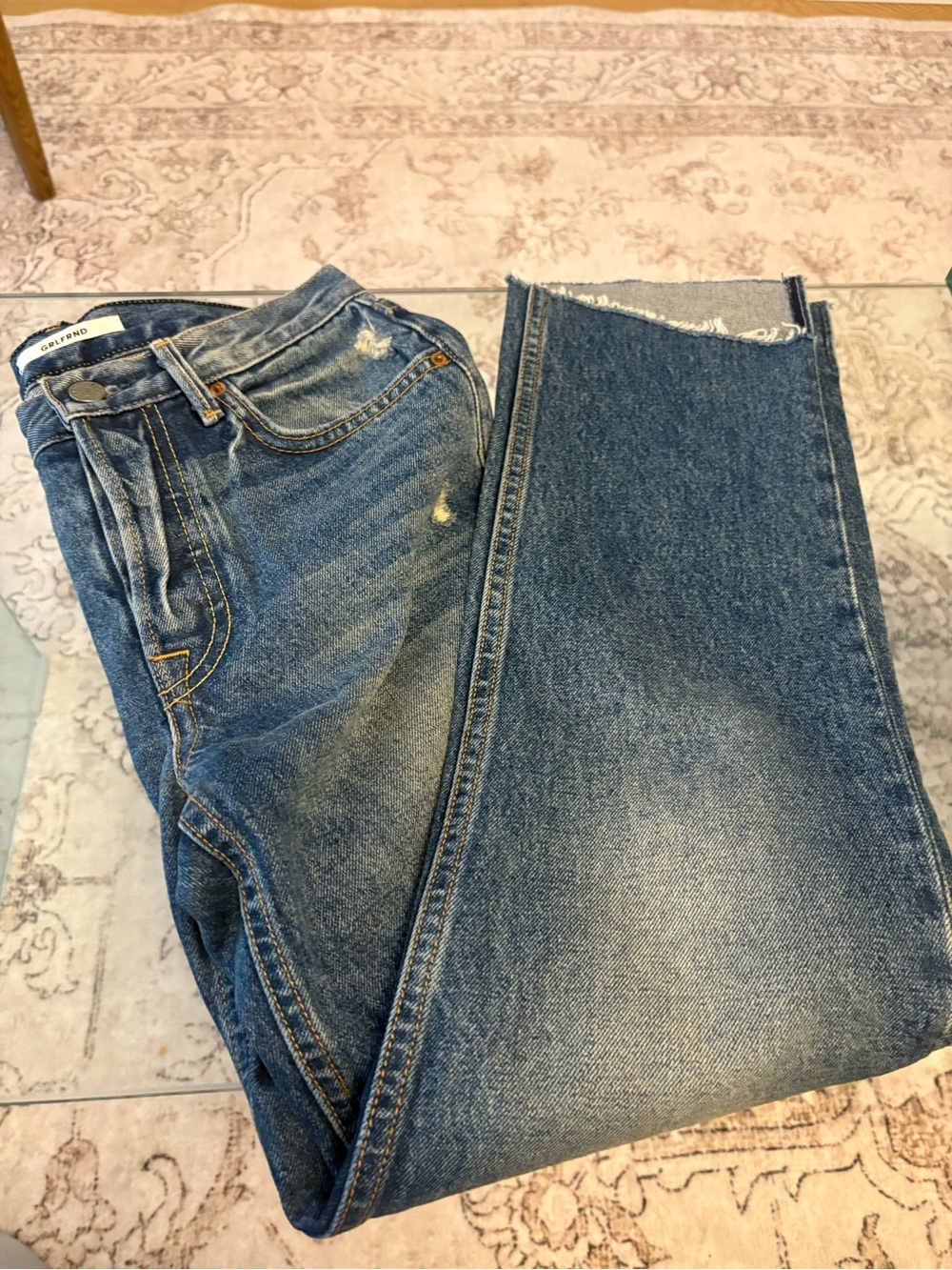 GRLFRND Raw Hem Cropped Ankle Jeans in Medium Blue